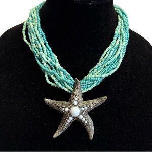 Vintage Multi Strand Beaded Silver Tone Starfish Necklace Faux Turquoise Accents